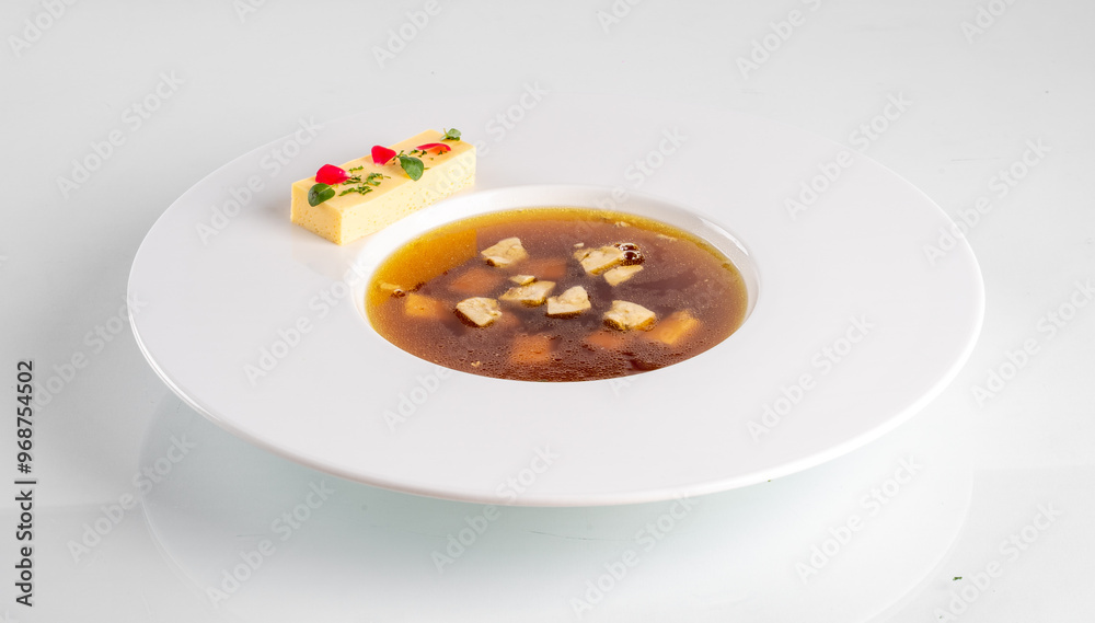 Elegant presentation of clear broth in a white bowl, garnished with colorful toppings and a piece of garnished bread. Elegant presentation of clear broth in a white bowl, garnished with colorful toppings and a piece of garnished bread.
