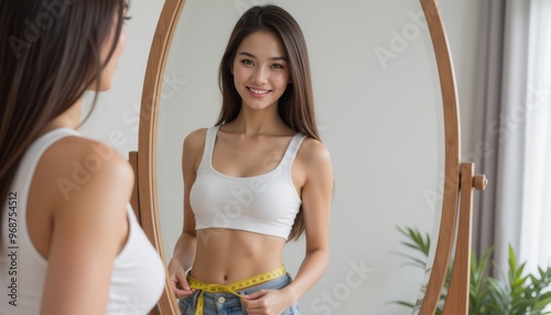 A young woman smiles while measuring her waist in front of a mirror, promoting self-confidence and body positivity. photo