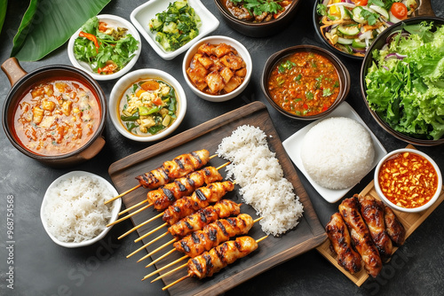 A table with traditional Thai street food of freshly cooked Thai food of vegetables, soups and curries served in dishes on a wooden table photo