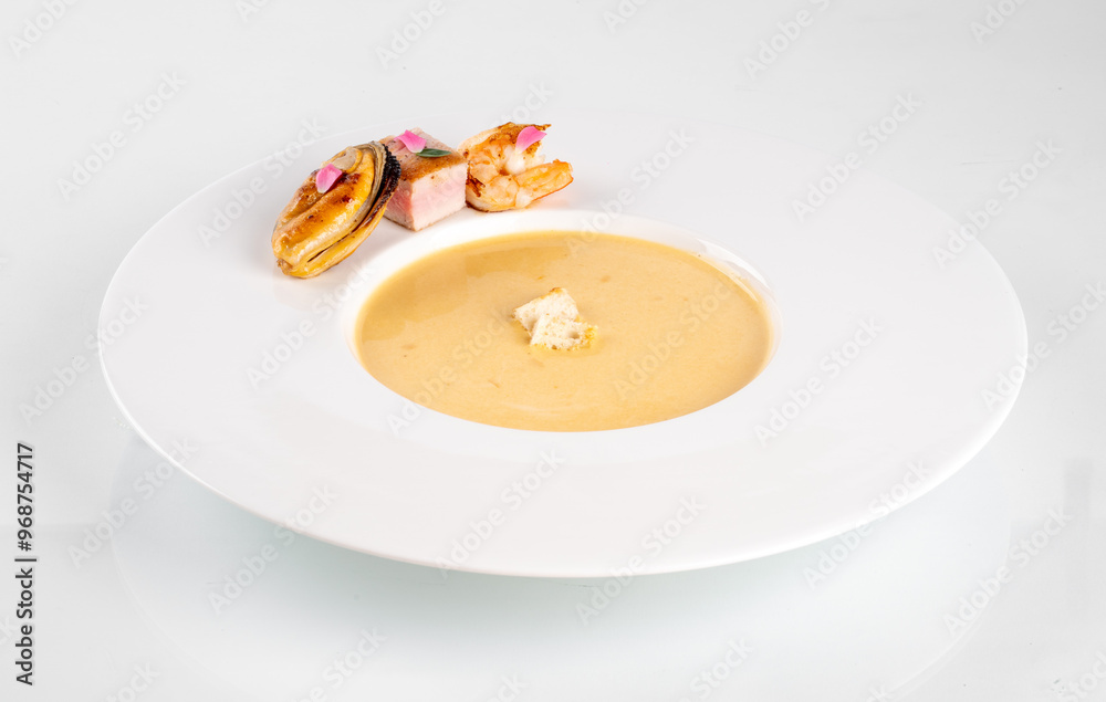 Elegant presentation of creamy vegetable soup garnished with croutons, accompanied by a side of gourmet appetizers on a white plate. Elegant presentation of creamy vegetable soup garnished with croutons, accompanied by a side of gourmet appetizers on a white plate.