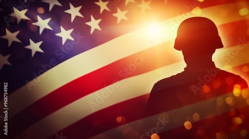 Silhouette Of A Soldier Against A Blurred American Flag With Bokeh Lights. photo