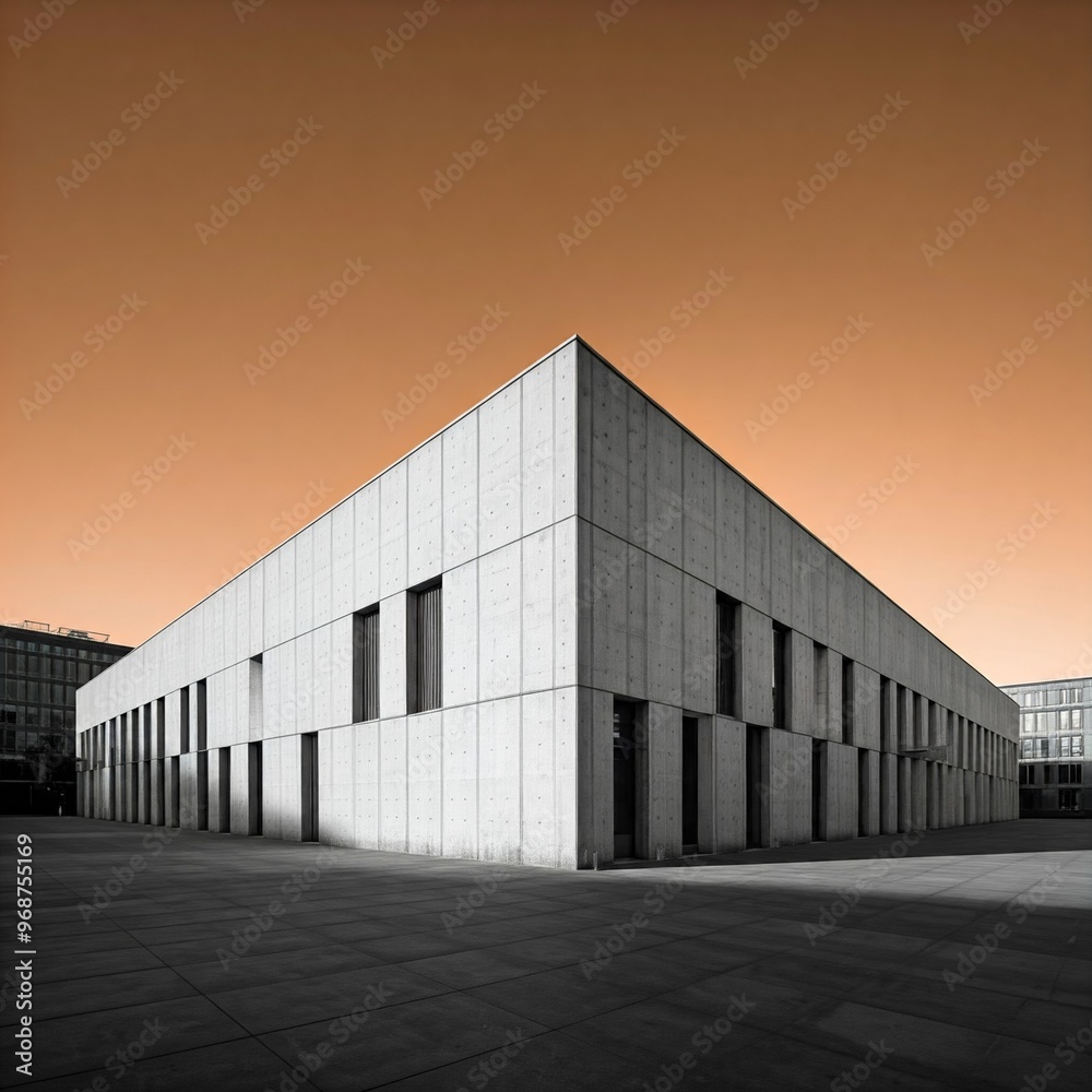 Fototapeta premium Modern concrete building with orange sky