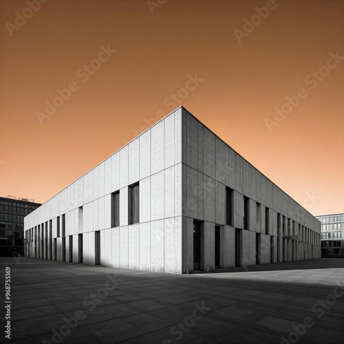 Modern concrete building with orange sky