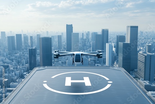 An eVTOL aircraft landing on a rooftop helipad in a modern city, representing the future of urban air mobility and efficient transportation.