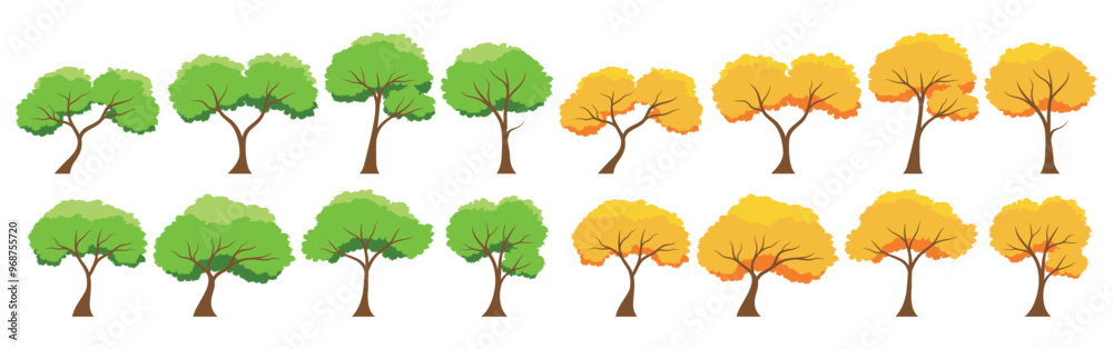 Fototapeta premium Collection of tree isolated on a white background. Each species of trees. Trees that change from green leaves to orange leaves. Nature or healthy lifestyle topics. Vector illustration flat design
