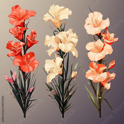 Elegant Vector Illustration of Gladiolus in Dark Palette Flat Style