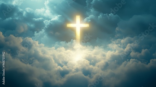 A Glowing Golden Cross Shines Through The Clouds, Symbolizing Hope And Faith. photo