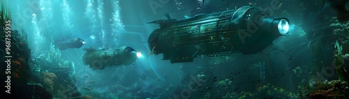 A serene underwater scene featuring futuristic submarines exploring an oceanic landscape filled with marine life and vivid colors. photo