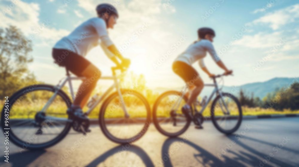 Fototapeta premium Blurred background, Two Hearts, One Journey, Discovering New Horizons Together on Bicycles