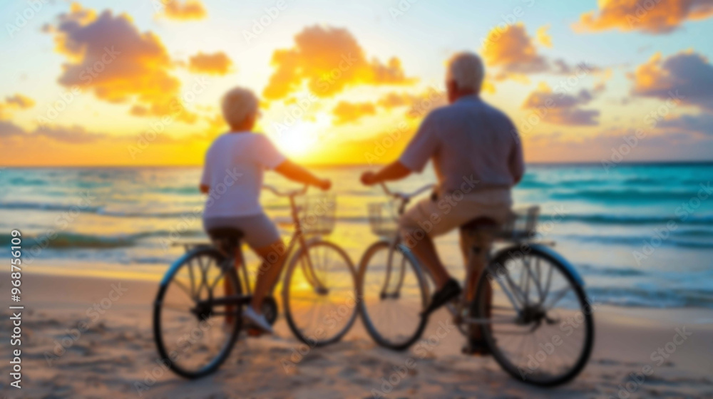 Fototapeta premium Blurred background, Riding Into the Sunset, A Couple's Romantic Cycling Adventure Awaits