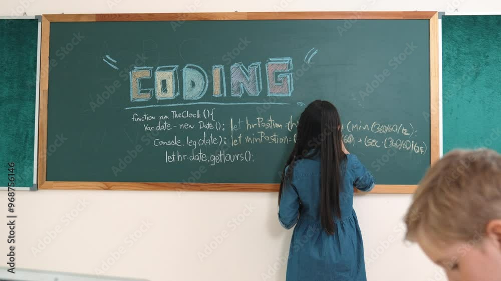 Asian boy coding program while caucasian friend fixing electric board at STEM class. Energetic student standing blackboard while writing coding engineering prompt and programing AI software. Pedagogy. Asian boy coding program while caucasian friend fixing electric board at STEM class. Energetic student standing blackboard while writing coding engineering prompt and programing AI software. Pedagogy.