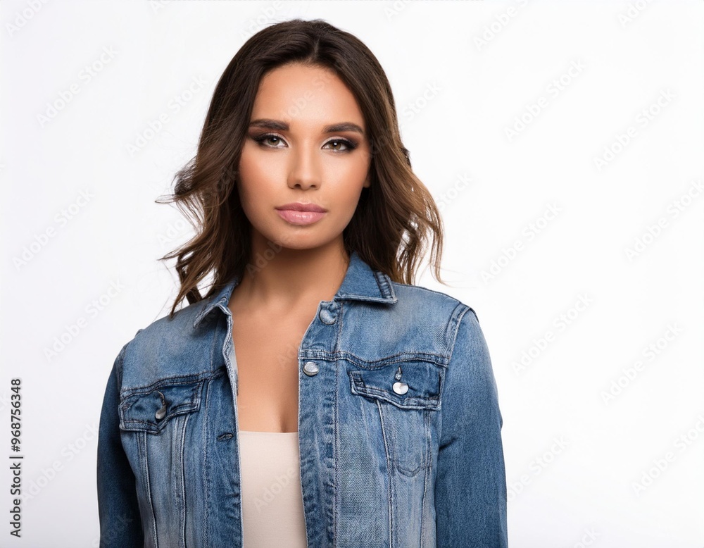 Beautiful Woman in Denim Jacket Isolated on White Background Beautiful Woman in Denim Jacket Isolated on White Background