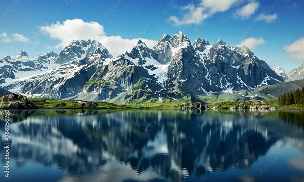 Majestic mountain range with snow-capped peaks reflected in a calm lake, hyperrealistic Video Majestic mountain range with snow-capped peaks reflected in a calm lake, hyperrealistic Video