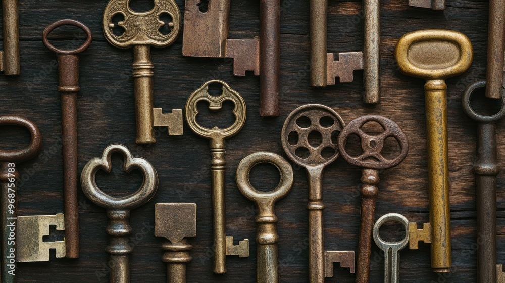 Collection of Antique Keys on a Dark Wooden Surface Collection of Antique Keys on a Dark Wooden Surface
