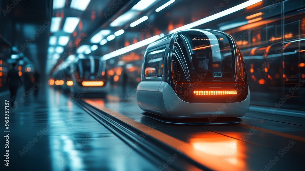 AI-driven autonomous vehicles managing airport shuttle services: Self-driving cars efficiently transporting passengers in and out of a futuristic airport.