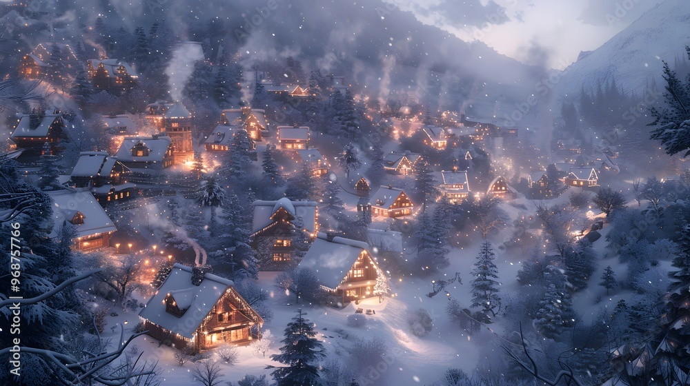 Fototapeta premium a cozy quaint village nestled in the snow, with smoke rising from chimneys, twinkling lights in windows, and snow-covered rooftops