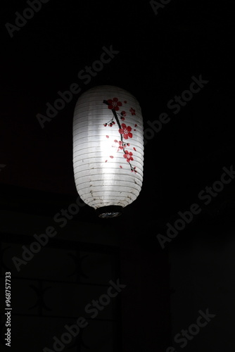 close up a row of traditional Japanese paper lanterns in diminishing perspective at night photo