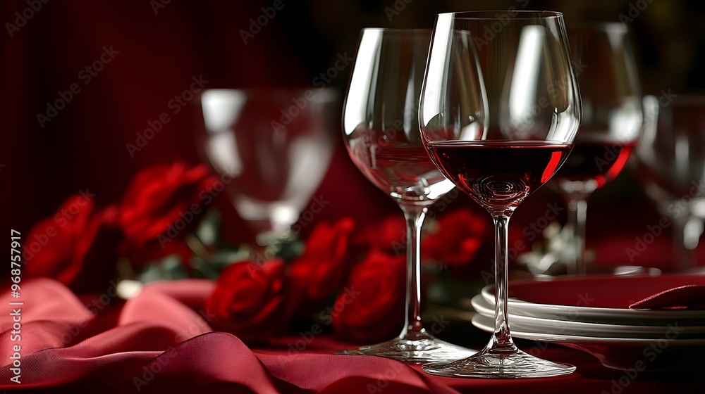 Elegant wine glasses and small plates in a luxurious deep red setting Elegant wine glasses and small plates in a luxurious deep red setting