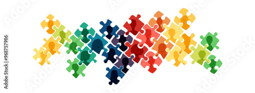 Puzzles with silhouettes of people inside. Different people together. Modern design.