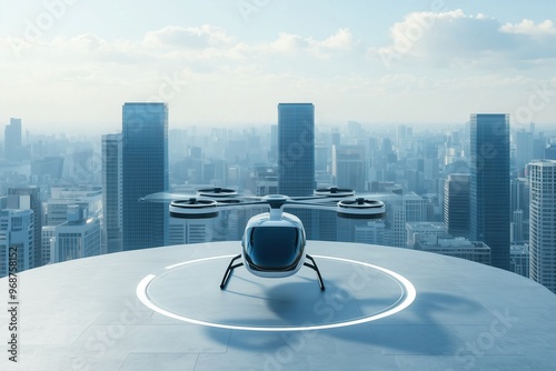 An eVTOL aircraft landing on a rooftop helipad in a modern city, representing the future of urban air mobility and efficient transportation. photo