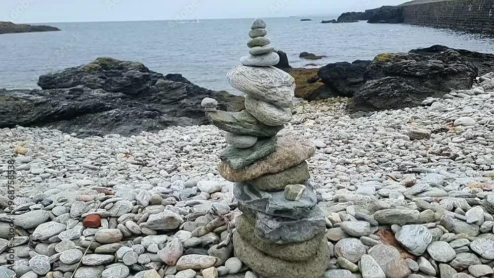 Carefully balanced and stacked rocks on stony Welsh pebble beach close up Carefully balanced and stacked rocks on stony Welsh pebble beach close up