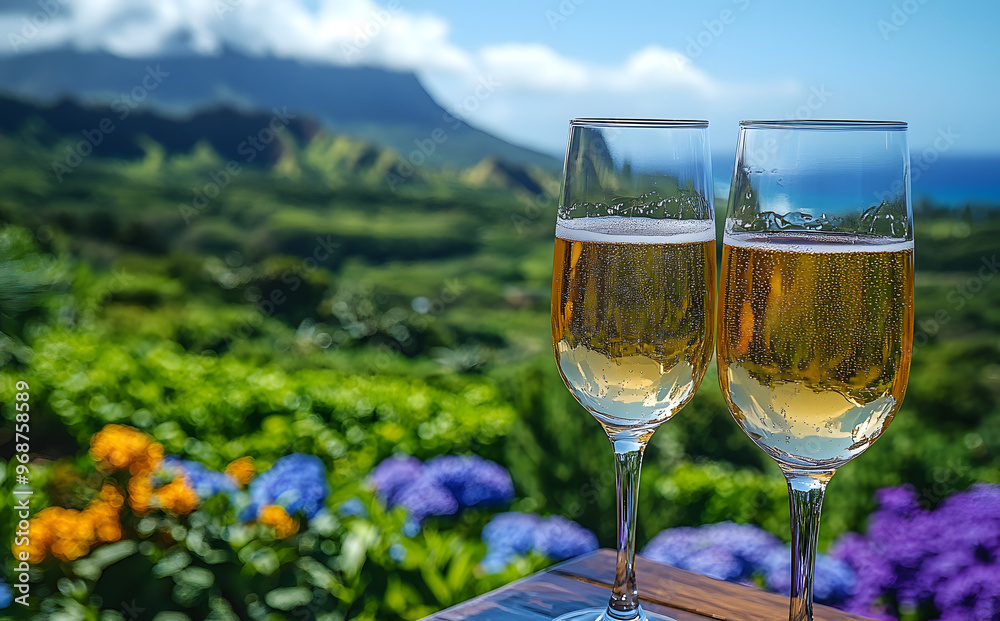 “Two Glasses of Champagne on a Table with a Mountain View in the Background”
“Two Glasses of Champagne on a Table with a Mountain View in the Background”
