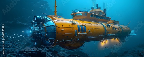 A vibrant underwater scene featuring a yellow submarine exploring the deep blue ocean, illuminated by bright lights.