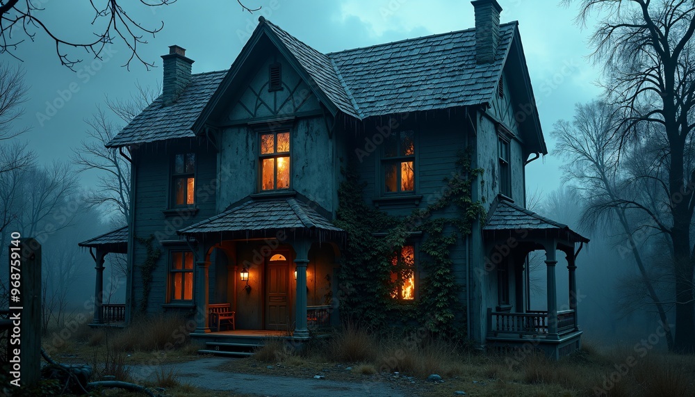 Cobweb-Covered Haunted House with Flickering Windows and Overgrown Vines