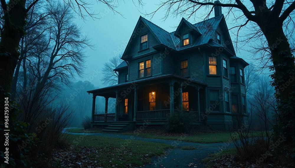 Cobweb-Covered Haunted House with Flickering Windows and Overgrown Vines Cobweb-Covered Haunted House with Flickering Windows and Overgrown Vines