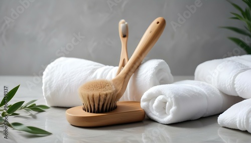 Eco toothbrushes. Bamboo toothbrushes cup, natural soap, plastic free ear sticks, wooden hair brush and white towels on gray stone background