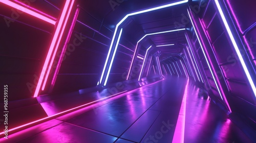 Fototapeta Naklejka Na Ścianę i Meble -  Abstract 3D tunnel with glowing neon lines and a futuristic feel