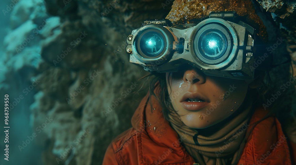A young explorer with futuristic goggles gazes into the unknown, embodying curiosity and adventure in a mysterious underground setting. A young explorer with futuristic goggles gazes into the unknown, embodying curiosity and adventure in a mysterious underground setting.