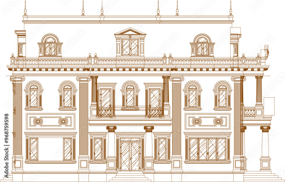 Obraz premium Vector sketch illustration silhouette design engineering drawing of architectural building old house classic vintage ethnic european model