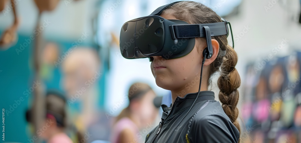 A young person immerses in virtual reality, exploring new worlds through advanced technology in an interactive environment. A young person immerses in virtual reality, exploring new worlds through advanced technology in an interactive environment.