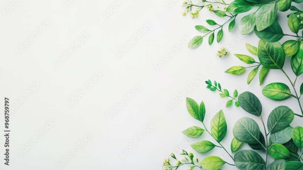 Obraz premium White Background with Green Leaves Border
