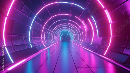 Fototapeta Naklejka Na Ścianę i Meble -  Abstract 3D tunnel with glowing neon lines and a futuristic feel