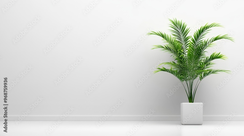 Obraz premium Green Palm Plant in White Pot Against a White Wall