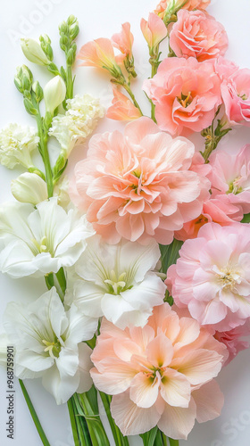 A bouquet of flowers with white and pink flowers. The arrangement is colorful and vibrant, creating a cheerful and lively atmosphere