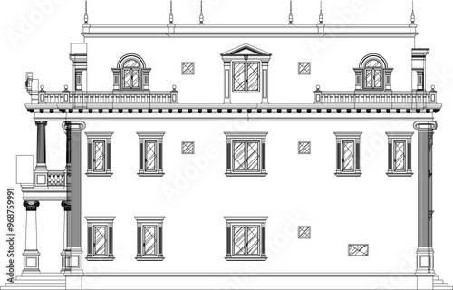 Vector sketch illustration silhouette design engineering drawing of architectural building old house classic vintage ethnic european model