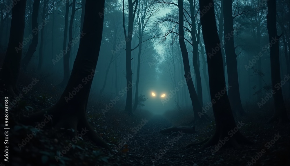 Haunted Forest with Glowing Eyes Peeking Through Dark Foliage