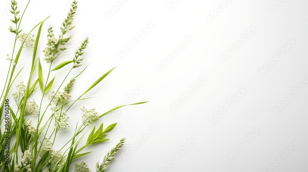 Fototapeta premium Green Grass and White Flowers on White Background