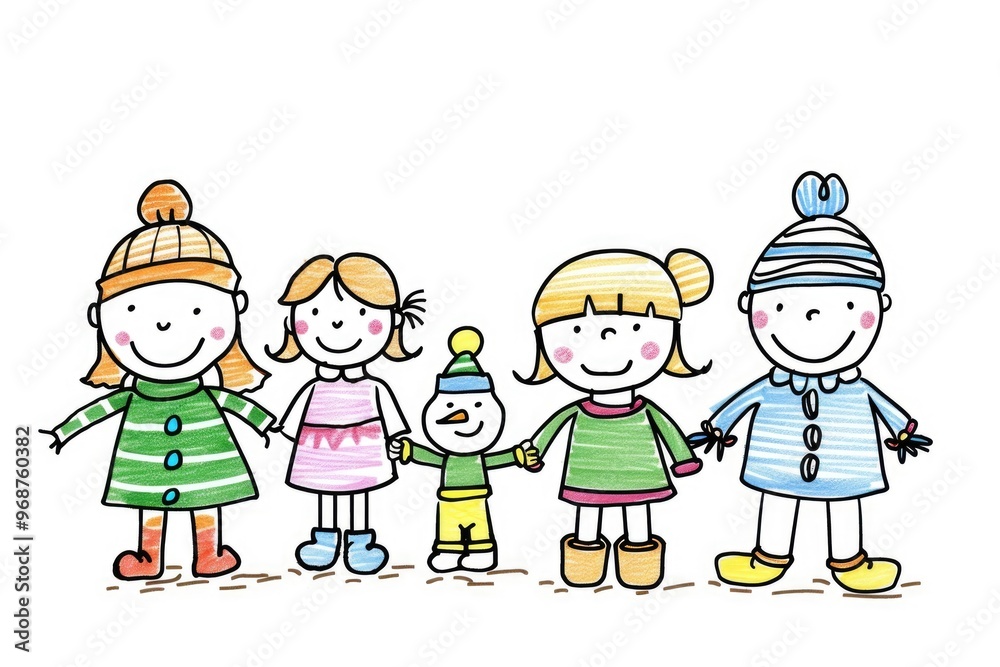 Colorful drawing of children in various poses with different clothes on a white background for children's books and birthday cards. Colorful drawing of children in various poses with different clothes on a white background for children's books and birthday cards.