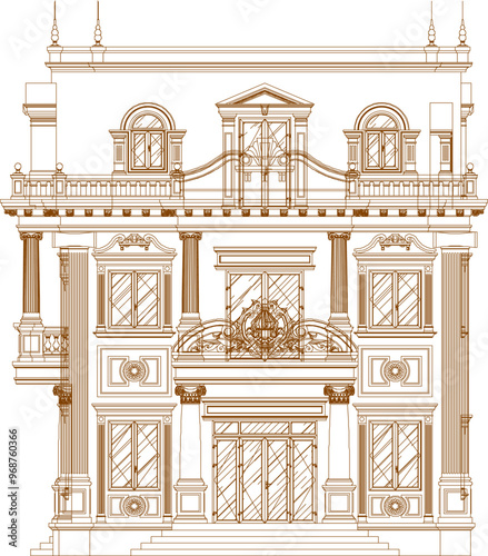 Vector sketch illustration silhouette design engineering drawing of architectural building old house classic vintage ethnic european model 