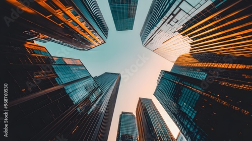 Abstract bottom-up view of modern skyscrapers in the city,