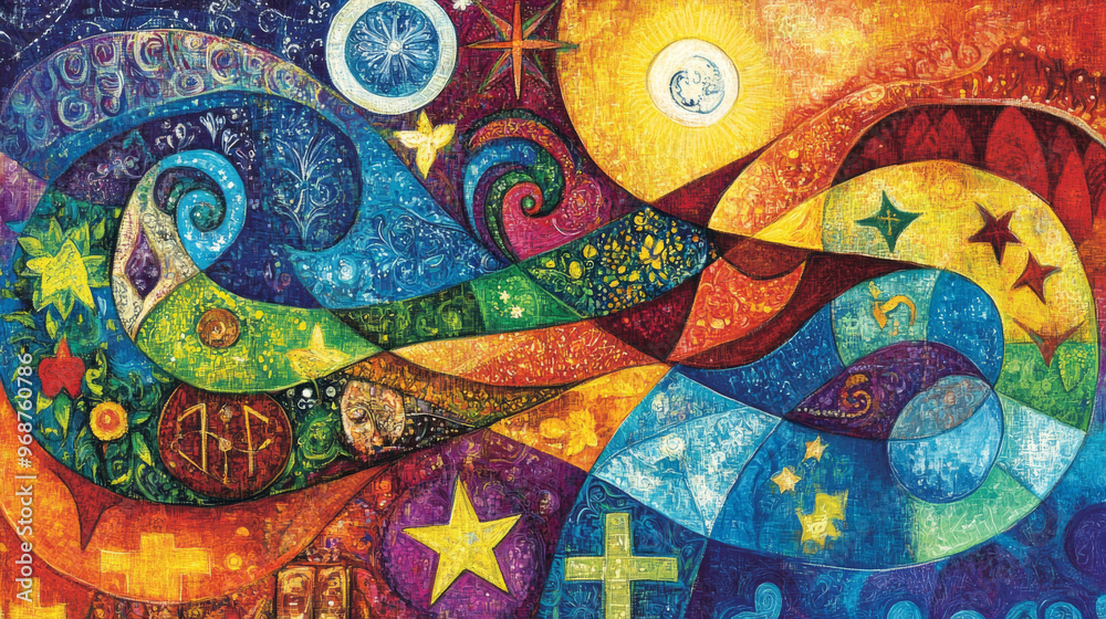 Religious diversity artwork, depicting symbols from multiple faiths intertwined, vibrant colors and intricate designs bringing the image to life Religious diversity artwork, depicting symbols from multiple faiths intertwined, vibrant colors and intricate designs bringing the image to life