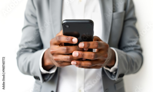 African American man holding smartphone in hands, close-up view, business attire, modern technology, communication concept, mobile device, gray suit, daily life, connectivity, urban lifestyle