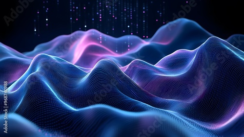 Dynamic wave pattern made of blue and purple lines in a digital space