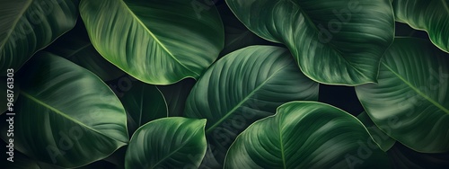 Wallpaper Mural 
Close-up of large leaves, abstract texture of green leaves on a dark background, a nature concept banner for desktop wallpaper. Torontodigital.ca