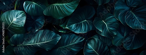 Wallpaper Mural 
Close-up of large leaves, abstract texture of green leaves on a dark background, a nature concept banner for desktop wallpaper. Torontodigital.ca