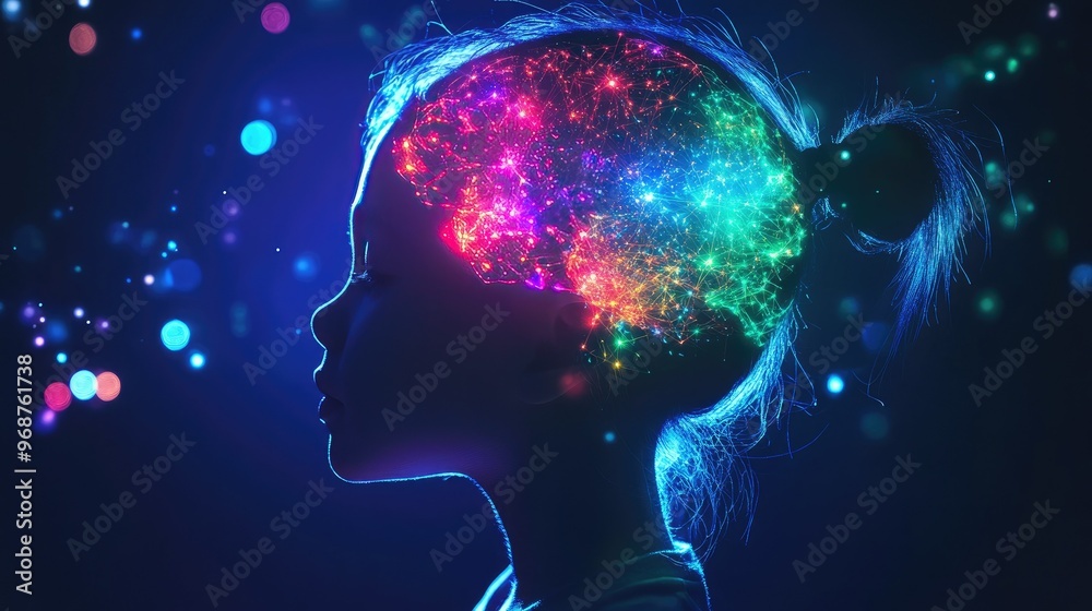 Obraz premium A child silhouette with neural connections, brain glowing with vivid colors representing cognitive activity and creativity.
